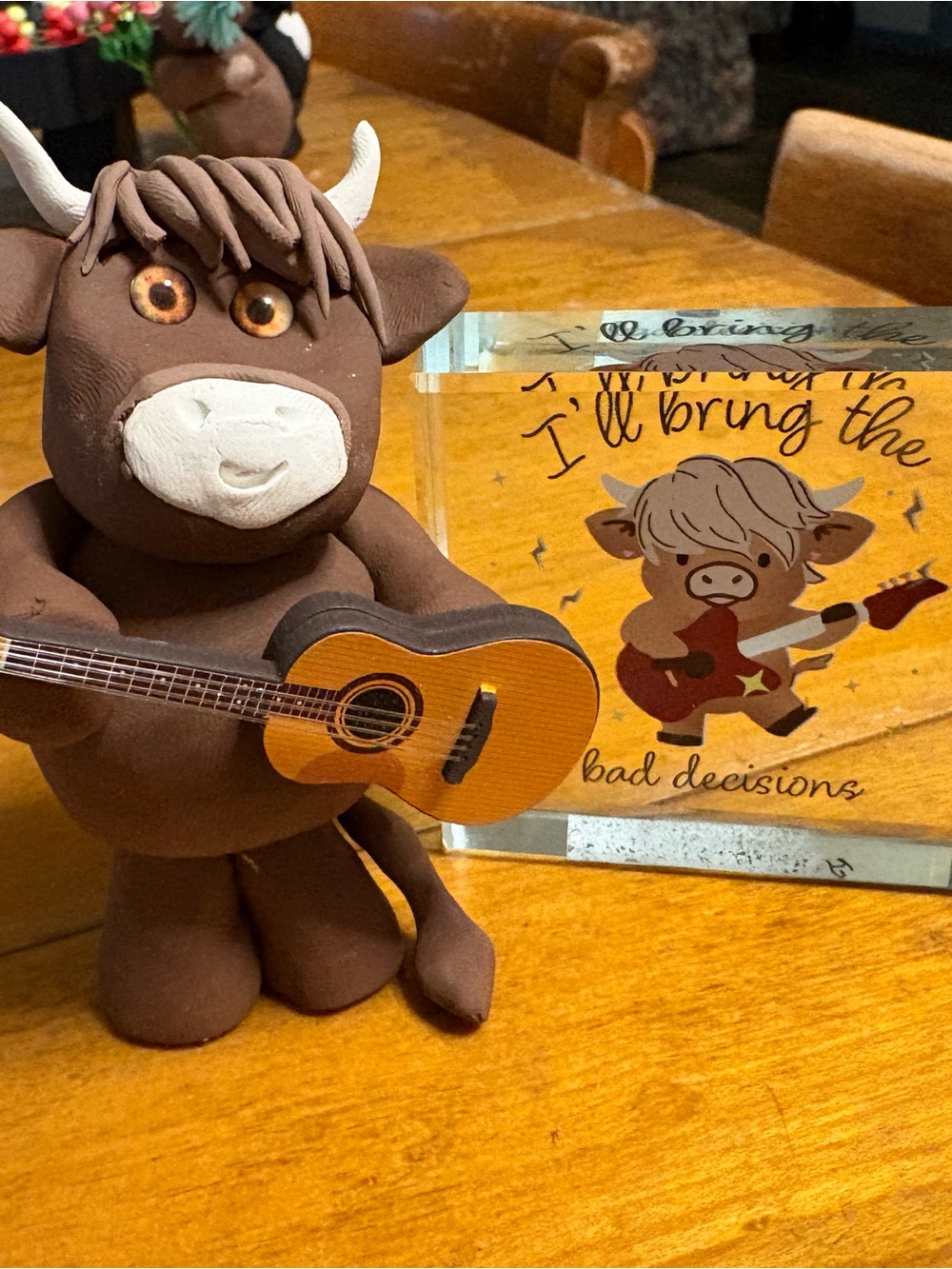 Brown Bull Guitar Figurine Home Accent - Decorative Bull with Guitar